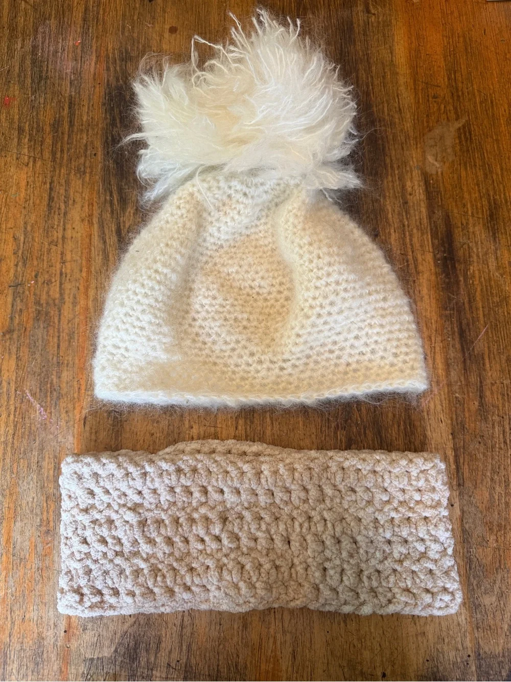 New Handmade Knitted Hat Beanie Cream Mohair Pom Pom & Cream Crocheted Headband